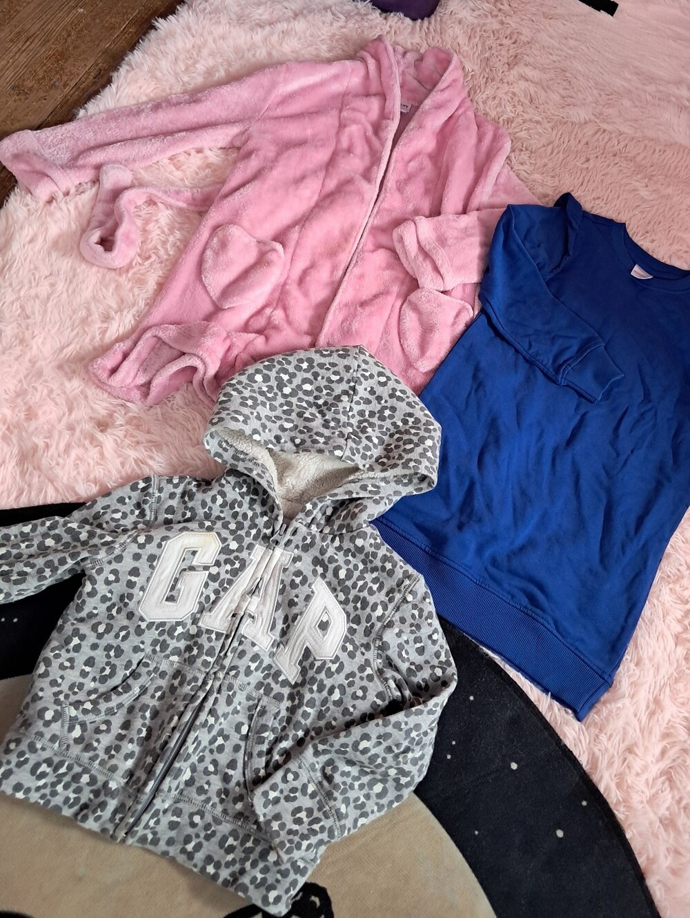3 Girls Lot - GAP Leopard Zip Hoodie Pink Plush Robe & Blue Long Sleeve Dress